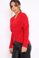 Red Wrap Front Cable Knit Jumper - Melia-Jumper