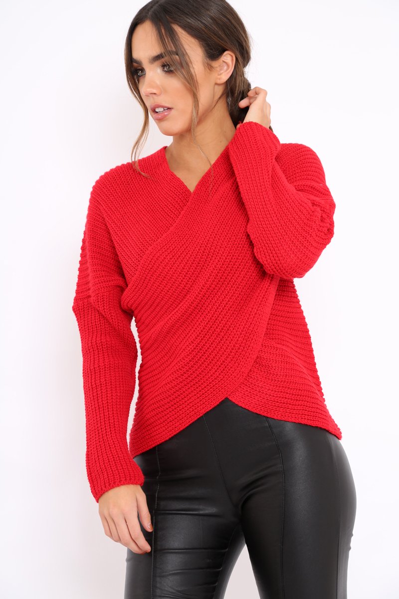 Red Wrap Front Cable Knit Jumper - Melia-Jumper