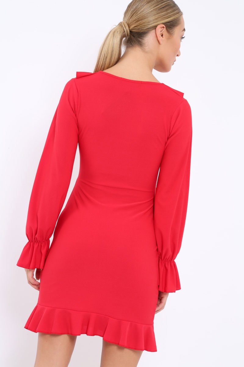 Red Wrap Mini Dress with Frills - Maleigh-Dresses