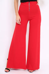 Red Zip Front High Waisted Flare Trousers - Gerta-Trousers
