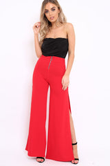Red Zip Front High Waisted Flare Trousers - Gerta-Trousers