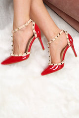 Red and Beige Studded T-Bar Court Heels - Kiri-Heels