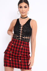 Red and Black Check Button Front Skirt - Dalena-Skirts