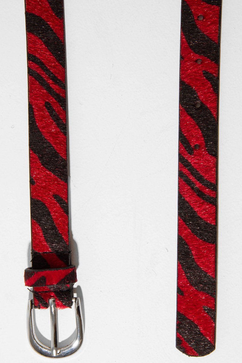 Red and Black Faux Pony Hair Zebra Print Belt - Calliana-Belts