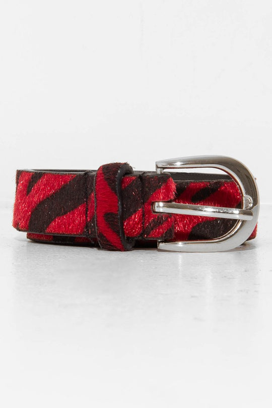Red and Black Faux Pony Hair Zebra Print Belt - Calliana
