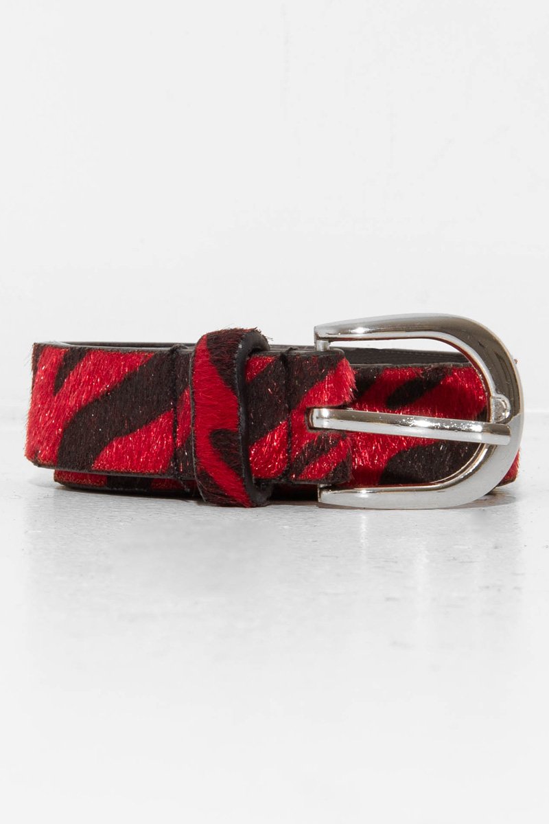 Red and Black Faux Pony Hair Zebra Print Belt - Calliana-Belts
