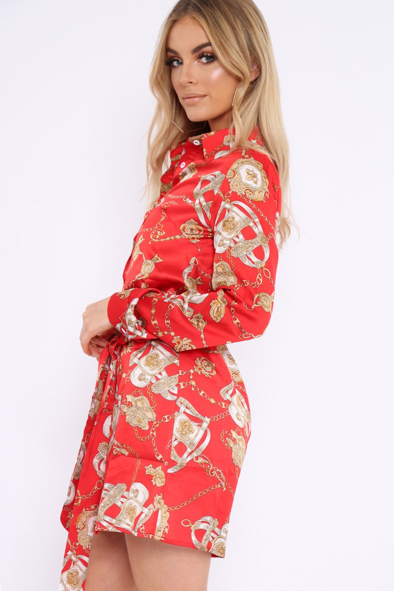 Red and Gold Chain Print Shirt Dress - Pollyann Rebellious Fashion Red and Gold Chain Print Shirt Dress - Pollyann Rebellious Fashion