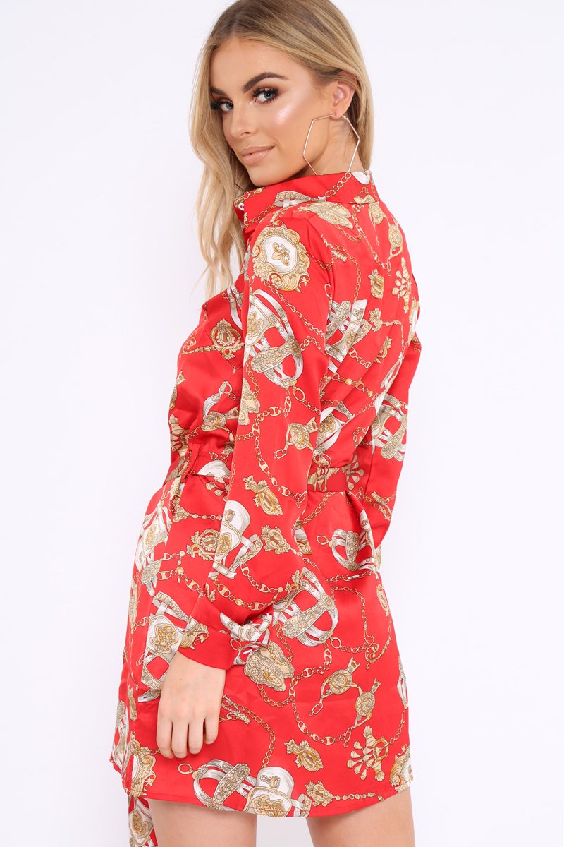 Red and Gold Chain Print Shirt Dress - Pollyann-Dresses