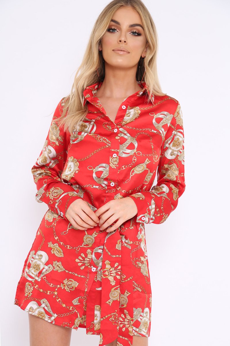Red and Gold Chain Print Shirt Dress - Pollyann-Dresses