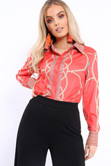Red and Gold Scarf Print Blouse - Kinsleigh-Tops