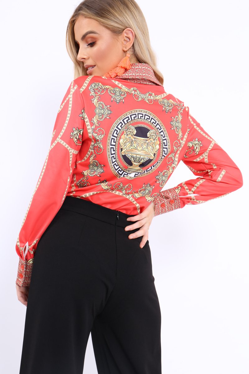 Red and Gold Scarf Print Blouse - Kinsleigh-Tops