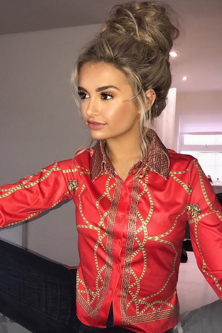 Red and Gold Scarf Print Blouse - Kinsleigh-Tops