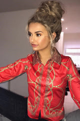 Red and Gold Scarf Print Blouse - Kinsleigh-Tops