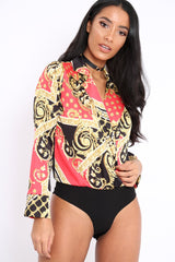 Red and Gold Scarf Print Satin Plunge Bodysuit - Moniqua-Bodysuits