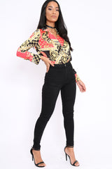 Red and Gold Scarf Print Satin Plunge Bodysuit - Moniqua-Bodysuits