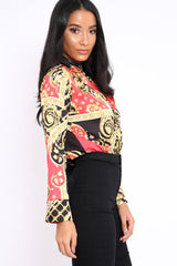 Red and Gold Scarf Print Satin Plunge Bodysuit - Moniqua-Bodysuits