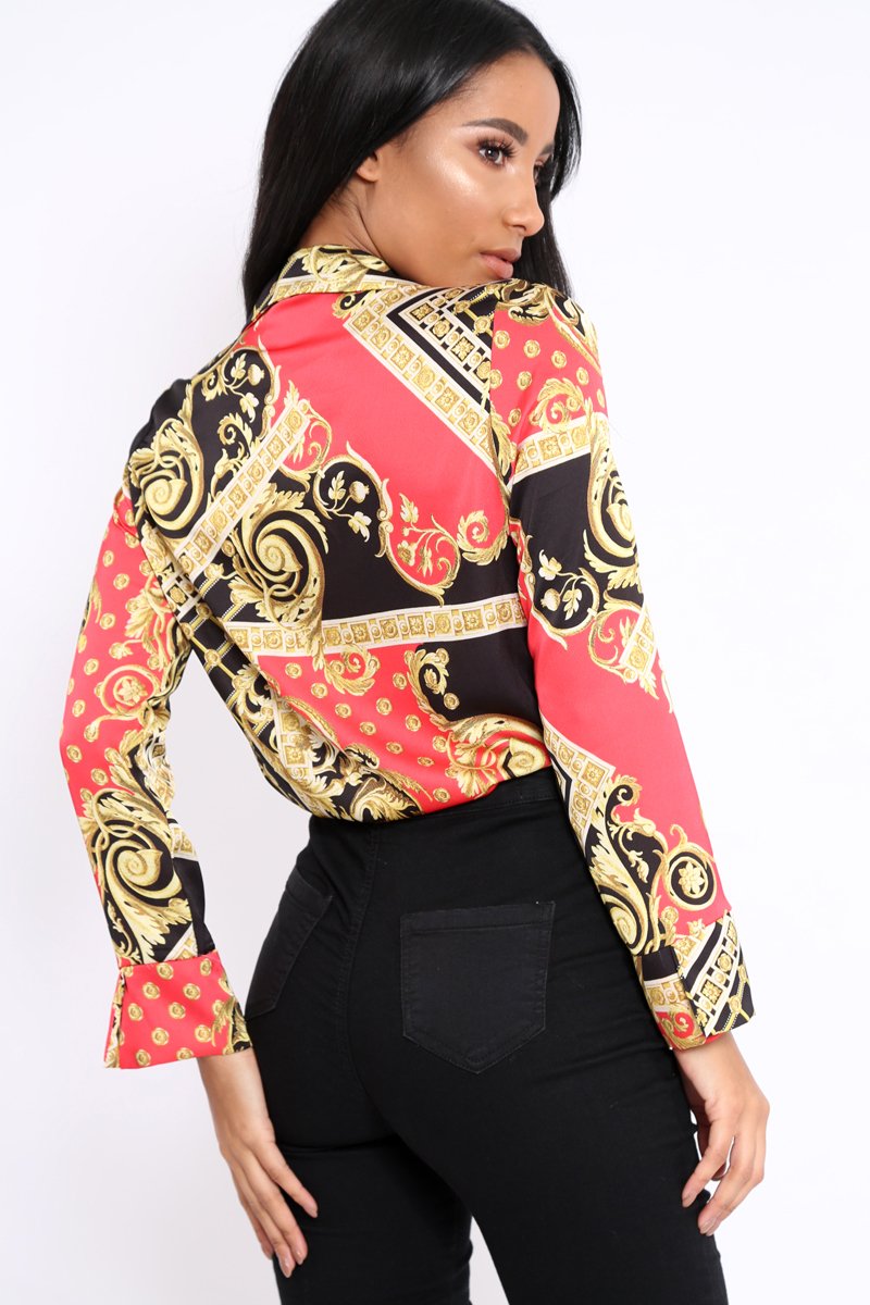 Red and Gold Scarf Print Satin Plunge Bodysuit - Moniqua-Bodysuits