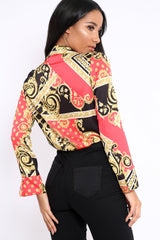 Red and Gold Scarf Print Satin Plunge Bodysuit - Moniqua-Bodysuits