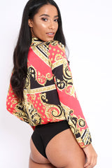 Red and Gold Scarf Print Satin Plunge Bodysuit - Moniqua-Bodysuits