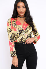Red and Gold Scarf Print Satin Plunge Bodysuit - Moniqua-Bodysuits