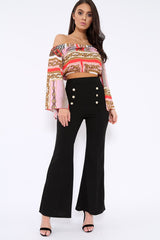 Red and Pink Scarf Print Bardot Top with Flare Sleeves - Skyla-Crop Tops