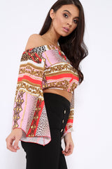 Red and Pink Scarf Print Bardot Top with Flare Sleeves - Skyla-Crop Tops