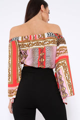 Red and Pink Scarf Print Bardot Top with Flare Sleeves - Skyla-Crop Tops
