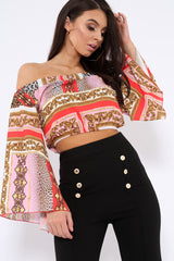 Red and Pink Scarf Print Bardot Top with Flare Sleeves - Skyla-Crop Tops