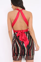 Red and Sequin Halterneck Dress - Adrianna-Dresses