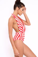 Red and White Stripe Halterneck Swimsuit - Cidney-Swimsuits
