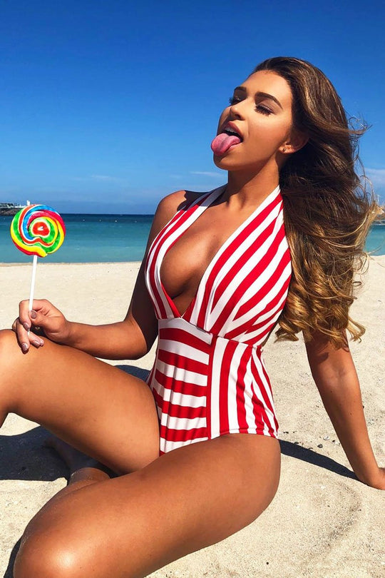 Red and White Stripe Halterneck Swimsuit - Cidney