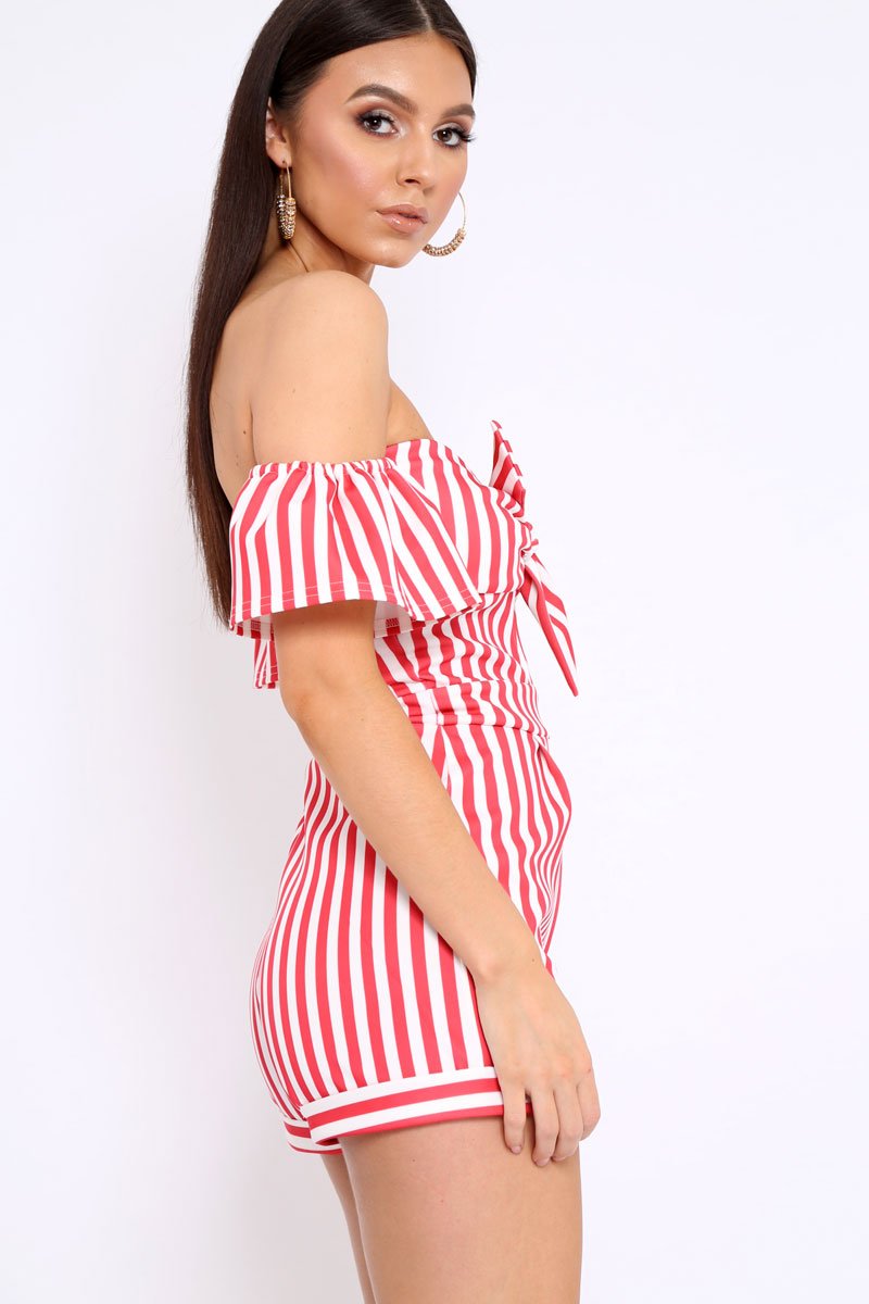 Red and White Striped Bardot Playsuit - Gracy-Playsuits