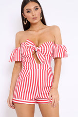 Red and White Striped Bardot Playsuit - Gracy-Playsuits