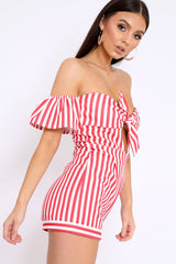 Red and White Striped Bardot Playsuit - Gracy-Playsuits