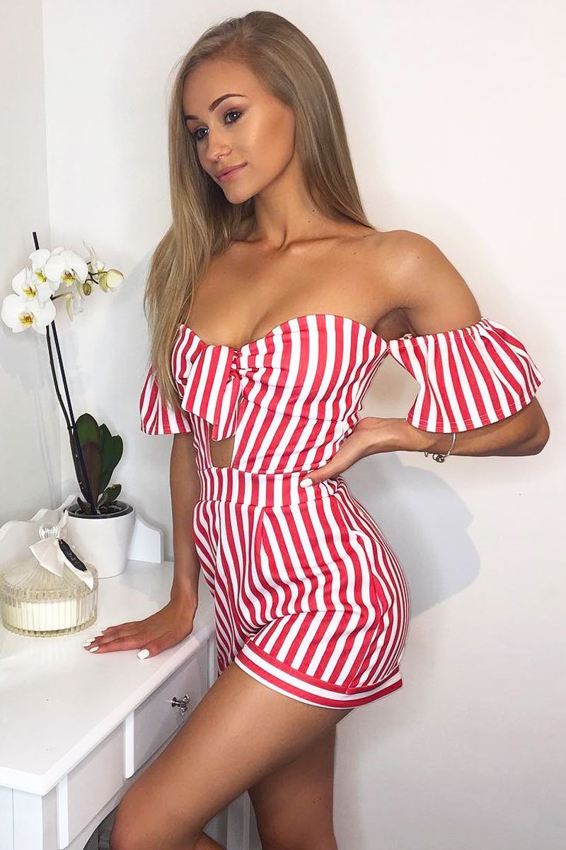 Red and White Striped Bardot Playsuit - Gracy-Playsuits
