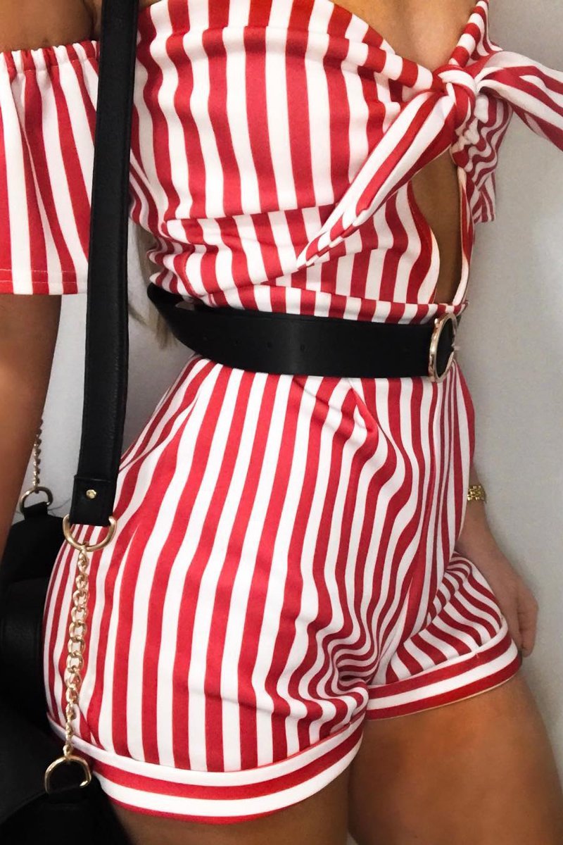 Red and White Striped Bardot Playsuit - Gracy-Playsuits
