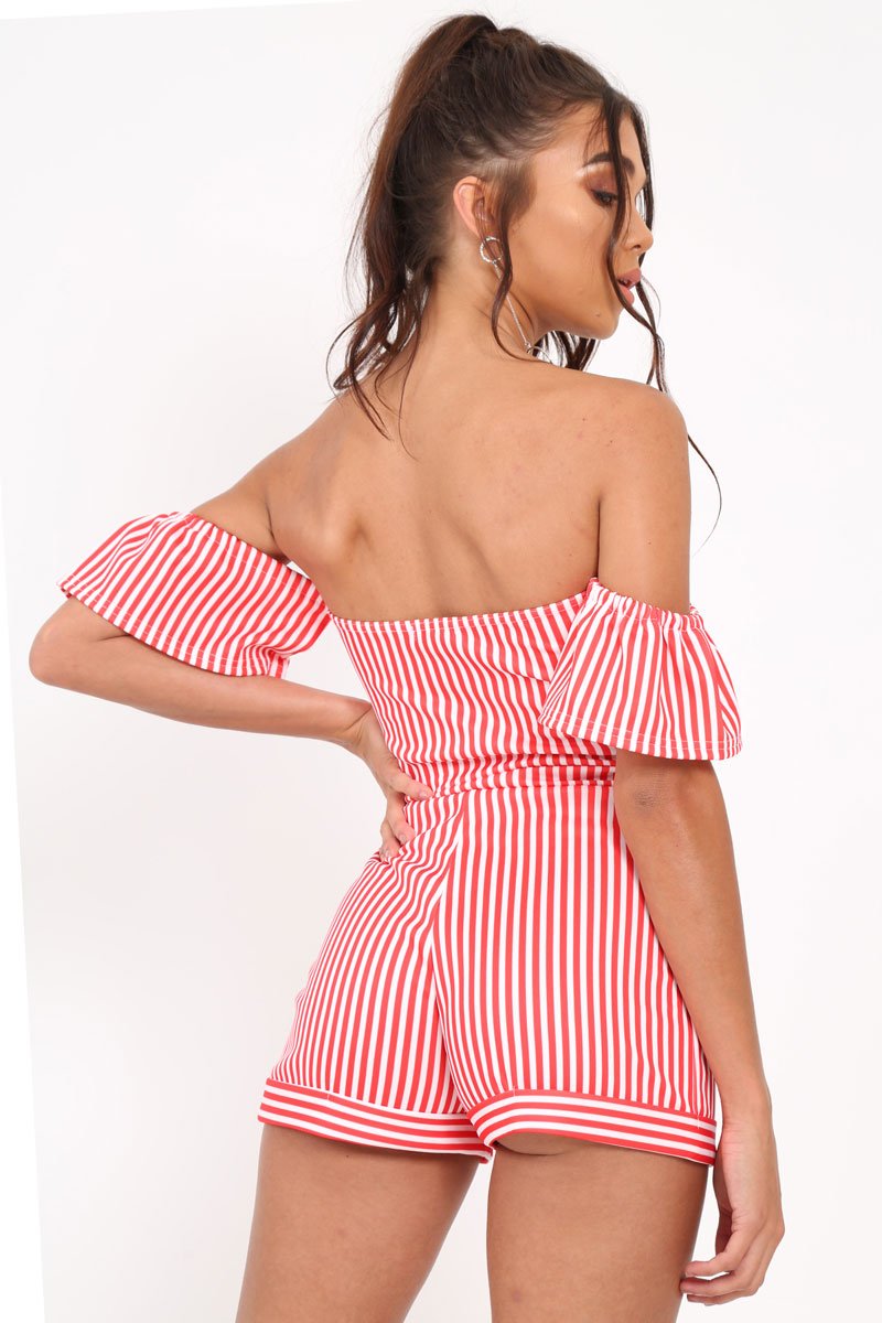 Red and White Striped Bardot Playsuit - Suzey-Playsuits