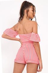 Red and White Striped Bardot Playsuit - Suzey-Playsuits