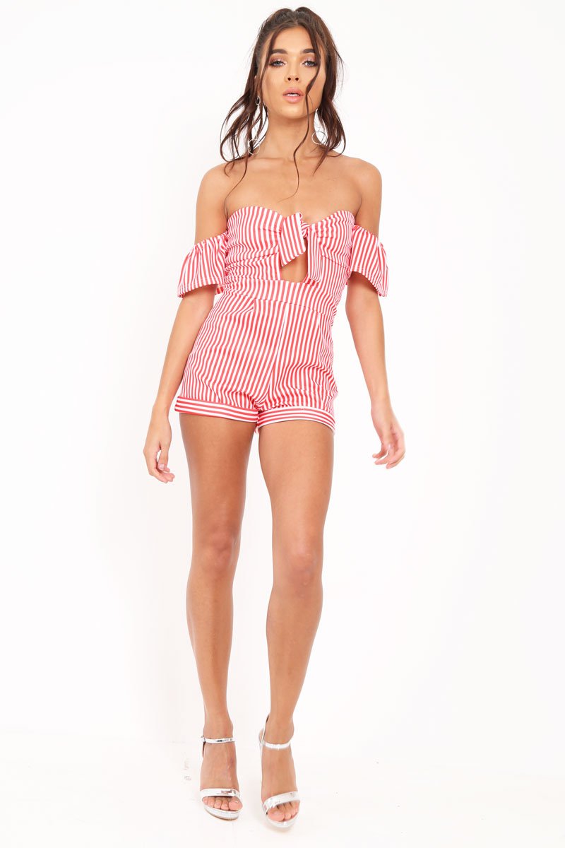 Red and White Striped Bardot Playsuit - Suzey-Playsuits