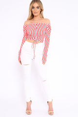 Red and White Striped Bardot Ruched Tie Top - Dakota-Tops
