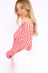 Red and White Striped Bardot Ruched Tie Top - Dakota-Tops
