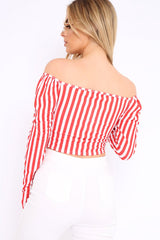 Red and White Striped Bardot Ruched Tie Top - Dakota-Tops