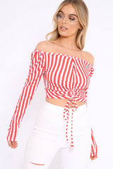Red and White Striped Bardot Ruched Tie Top - Dakota-Tops