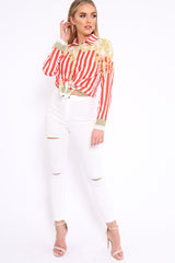 Red and White Striped Shirt with Gold Scarf Print Detail - Jalana-Shirts