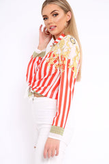 Red and White Striped Shirt with Gold Scarf Print Detail - Jalana-Shirts