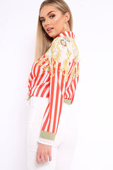 Red and White Striped Shirt with Gold Scarf Print Detail - Jalana-Shirts