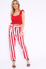 Red and White Striped Tie Waist Tapered Trousers - Dura-Trousers