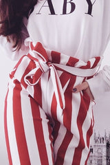 Red and White Striped Tie Waist Tapered Trousers - Dura-Trousers
