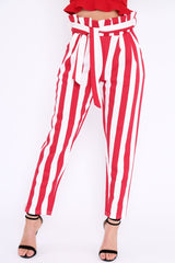 Red and White Striped Tie Waist Tapered Trousers - Dura-Trousers