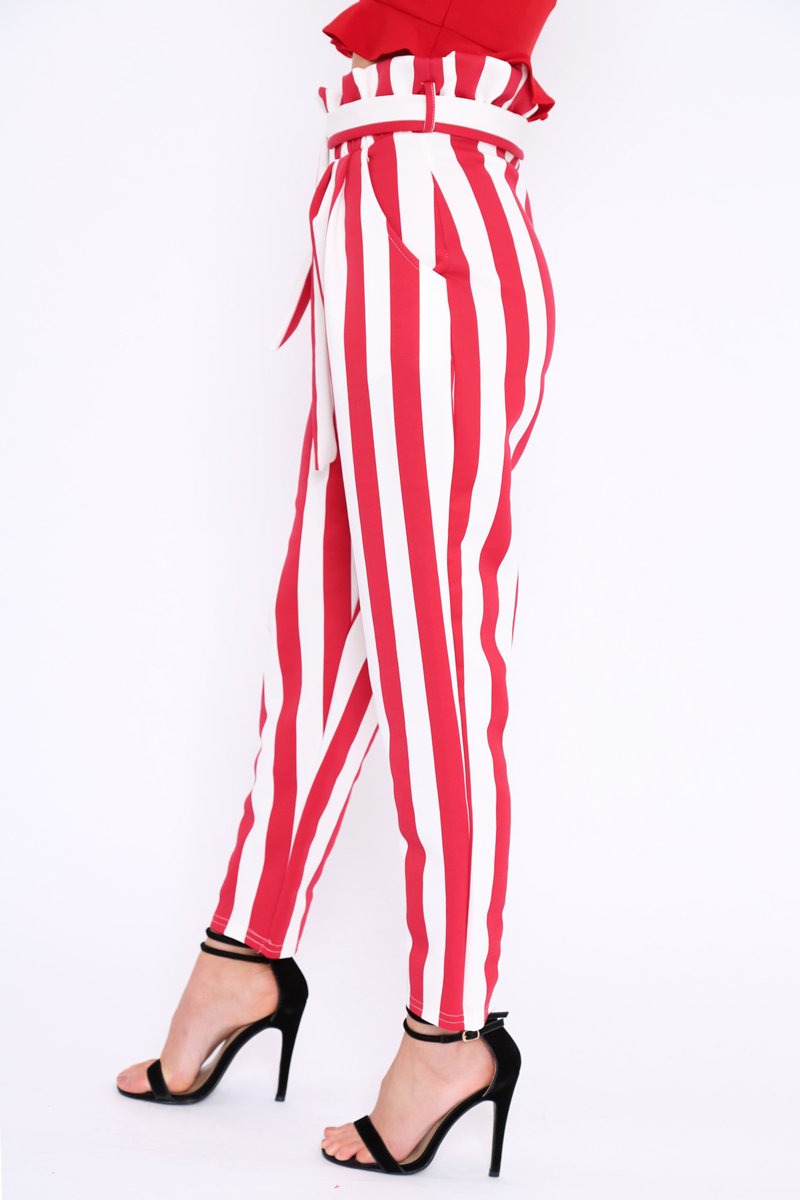 Red and White Striped Tie Waist Tapered Trousers - Dura-Trousers